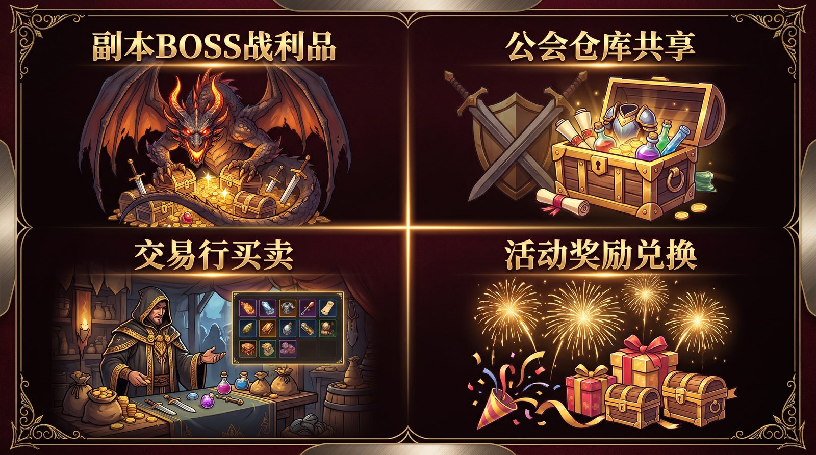 帝王合击 装备获取路径示意 - 副本 BOSS 行会仓库 交易市场